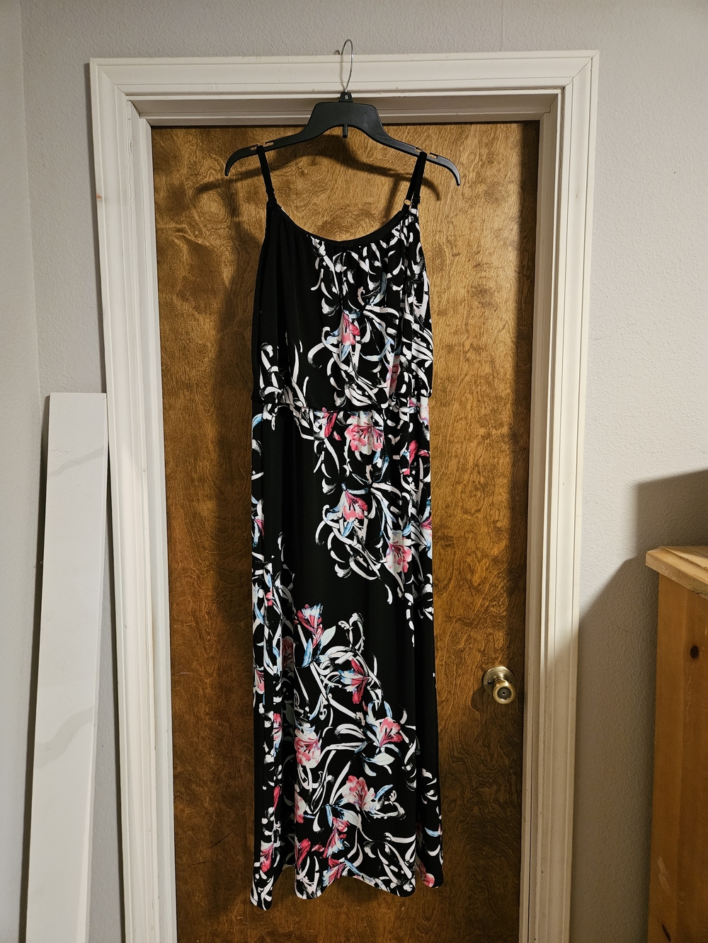 White House Black Market Black Floral Maxi Dress with Pink & White Accents